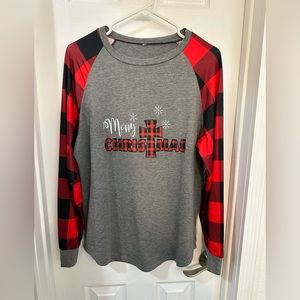 Christmas shirt XL unk. Brand gray with black & red checkered sleeves